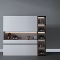 Modern Wine Cabinet Interior With White Cabinetry LED Lighting Shelves And Wine Bottles