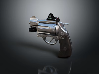 Silver Revolver With Black Sight Wooden Grip And Reflective Surface On Dark Background 3d model