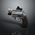 Silver Revolver With Black Sight Wooden Grip And Reflective Surface On Dark Background
