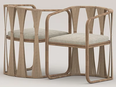 Modern Leisure Chairs With Wooden Frame Woven Design And Light Colored Cushions 3d model