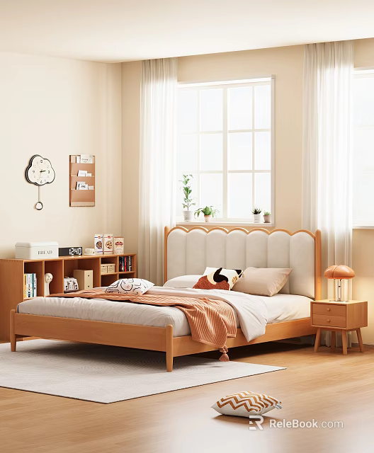 Cozy Bedroom Wooden Beige Upholstered Double Bed With Panda Pillow Orange Blanket Table Lamp And Bookshelf 3d model 