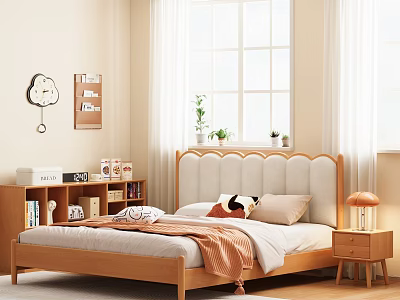 Cozy Bedroom Wooden Beige Upholstered Double Bed With Panda Pillow Orange Blanket Table Lamp And Bookshelf 3d model