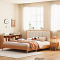 Cozy Bedroom Wooden Beige Upholstered Double Bed With Panda Pillow Orange Blanket Table Lamp And Bookshelf