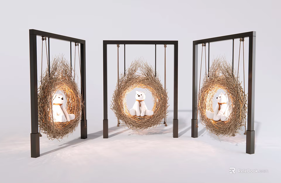 Child Friendly Nest Shaped Swing Playground Equipment with Black Frames and Plush Toys 3d model 