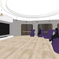 Modern Home Theater Room Interior With Large Screen TV Purple Chairs And Wooden Flooring