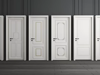 White Hinged Doors With Various Panel Designs In Dark Wall Interior 3d model