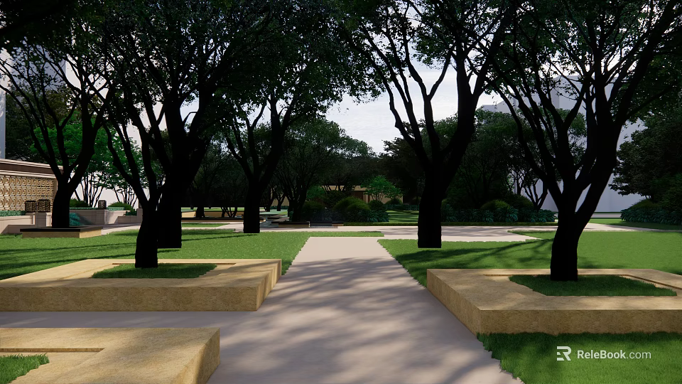 Garden Landscape Design With Tall Trees Green Lawn And Stone Pathway 3d model 