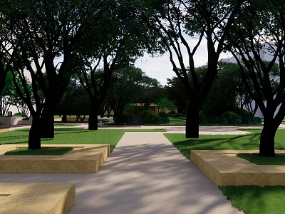Garden Landscape Design With Tall Trees Green Lawn And Stone Pathway 3d model