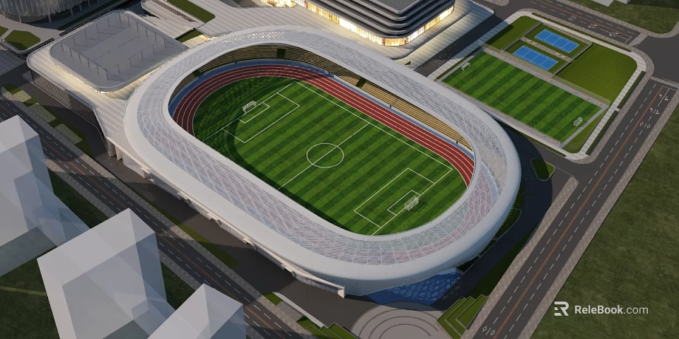 Modern Stadium Aerial View Featuring Football Field And Running Track 3d model 