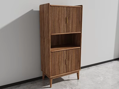 Wooden Minimalist Bookcase With Vertical Slat Doors Open Shelf And Slender Legs 3d model