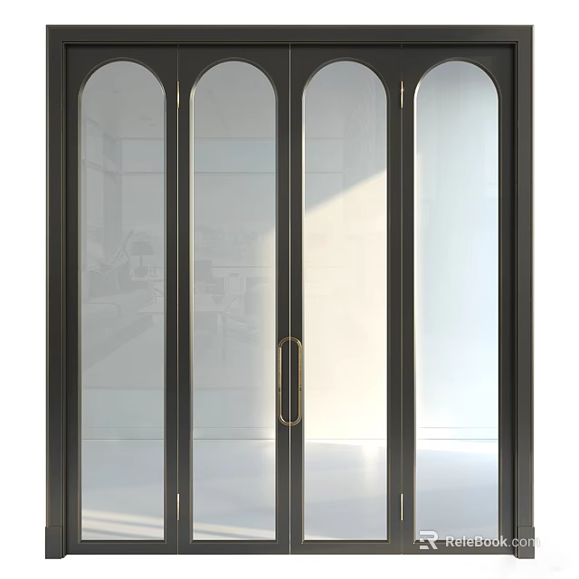 Elegant Modern Glass Folding Doors with Black Frames Golden Handles and Transparent Panels 3d model 