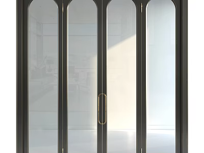 Elegant Modern Glass Folding Doors with Black Frames Golden Handles and Transparent Panels 3d model