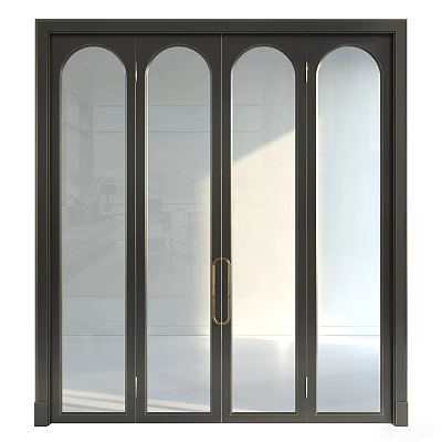 Elegant Modern Glass Folding Doors with Black Frames Golden Handles and Transparent Panels 3d model