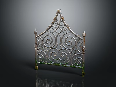 Ornate Wrought Iron Fence With Scrollwork Design Pointed Top Spikes And Green Accent Base 3d model