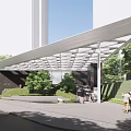 Modern Entrance Gate with Metal Canopy Structure Surrounded by Greenery and Trees