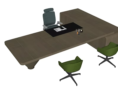 Dark Office Desk Featuring Black Mat Documents Pen Gray Chair And Two Green Wheeled Chairs 3d model