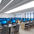Modern School Computer Classroom Interior With Desks Computers And Lights 3d model
