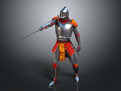 3D Model Of Armored Human Warrior In Silver Red Armor Holding Sword Standing Pose 3d model