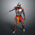 3D Model Of Armored Human Warrior In Silver Red Armor Holding Sword Standing Pose