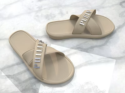 Beige PHILIP Cross Strap Slippers With Smooth Surface For Comfortable Casual Wear On Marble Floor 3d model