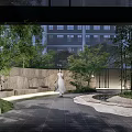 Garden Landscape Featuring Wooden Walkway Stream Trimmed Shrubs Trees And Modern Pavilion