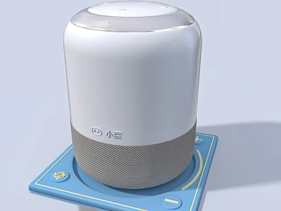 Modern White Audio Speaker with Gray Mesh Cover and Blue Base Stand 3d model
