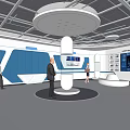 Modern Exhibition Hall Interior Design Featuring Circular Display Stand Digital Screens And Blue Glass Partitions