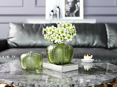 Textured Green Glass Vases With White Flowers On Living Room Marble Table 3d model