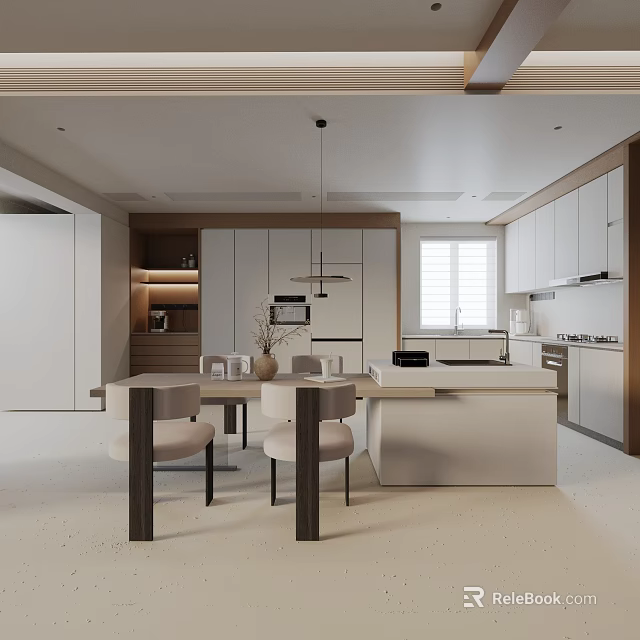Modern Kitchen Dining Space With Dining Table Set Chairs Cabinets Island And Pendant Lights 3d model 
