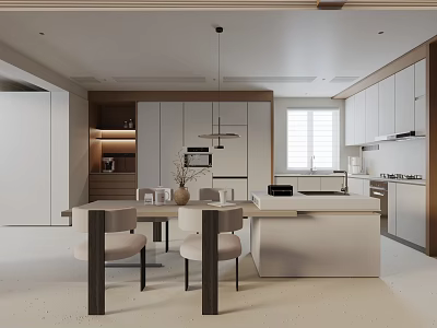 Modern Kitchen Dining Space With Dining Table Set Chairs Cabinets Island And Pendant Lights 3d model