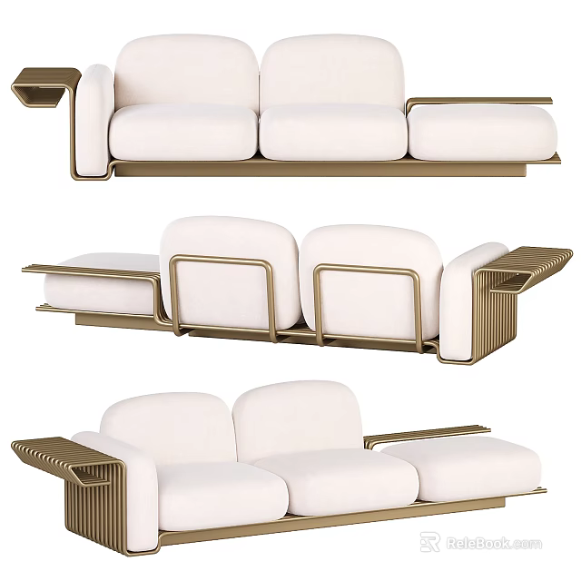 Modern Sectional Sofa With White Upholstery And Gold Metal Frame Armrest Design 3d model 