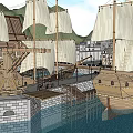 European Architecture With Sailing Ship Wooden Dock And Orange Roof Buildings
