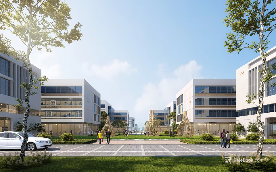 Modern Industrial Park with Spacious Plaza Green Lawns Trees People Walking Cars Parking 3d model 
