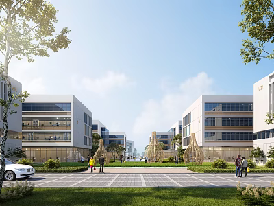 Modern Industrial Park with Spacious Plaza Green Lawns Trees People Walking Cars Parking 3d model
