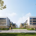 Modern Industrial Park with Spacious Plaza Green Lawns Trees People Walking Cars Parking