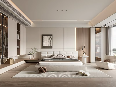Modern Bedroom Interior Design With Comfortable Bed Decorative Painting Nightstand And Soft Rug 3d model