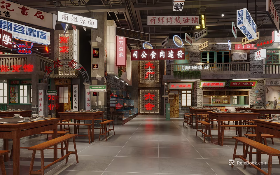 Traditional Chinese Restaurant Interior With Wooden Tables Benches Red Lanterns And Hanging Signboards 3d model 