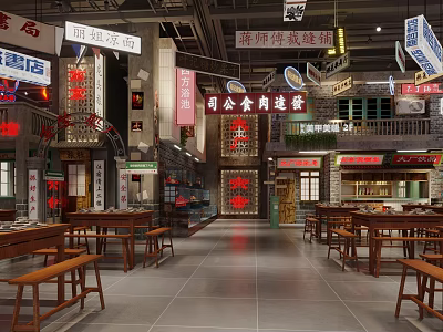 Traditional Chinese Restaurant Interior With Wooden Tables Benches Red Lanterns And Hanging Signboards 3d model