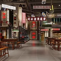 Traditional Chinese Restaurant Interior With Wooden Tables Benches Red Lanterns And Hanging Signboards