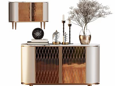 Elegant Modern Gold And Silver Sideboard With Diamond Lattice Door And Decorative Vase Candles Books 3d model