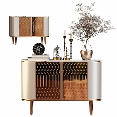 Elegant Modern Gold And Silver Sideboard With Diamond Lattice Door And Decorative Vase Candles Books 3d model