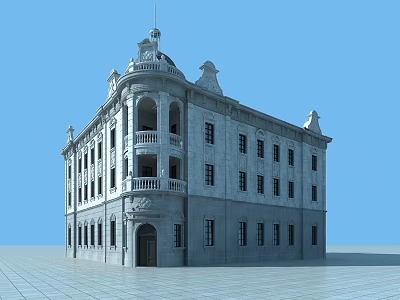 European Classical Architecture Featuring Stone Facade Arched Windows Ornate Balcony And Dome Roof 3d model