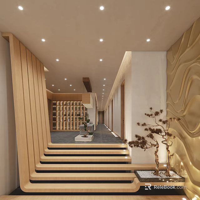 Modern Elevator Corridor Design With Wood Accents Lighting Plants And Textured Wall 3d model 