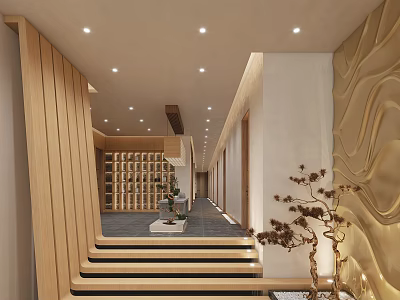 Modern Elevator Corridor Design With Wood Accents Lighting Plants And Textured Wall 3d model