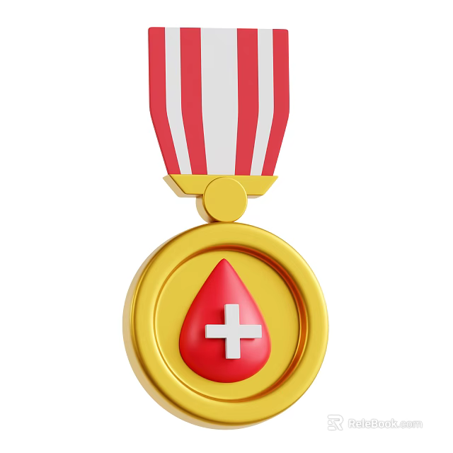 Decorative Ornament Set with Gold Medal Red and White Striped Ribbon Red Teardrop White Cross 3d model 