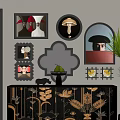 Modern Interior Decor With Framed Artworks Decorative Mirror Floral Cabinet And Potted Plant