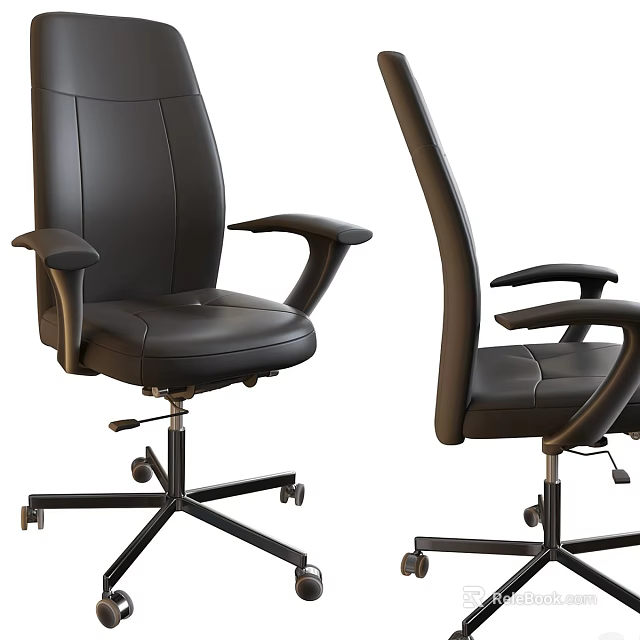Modern Black Leather Office Chair With Adjustable Armrests And Swivel Wheels 3d model 