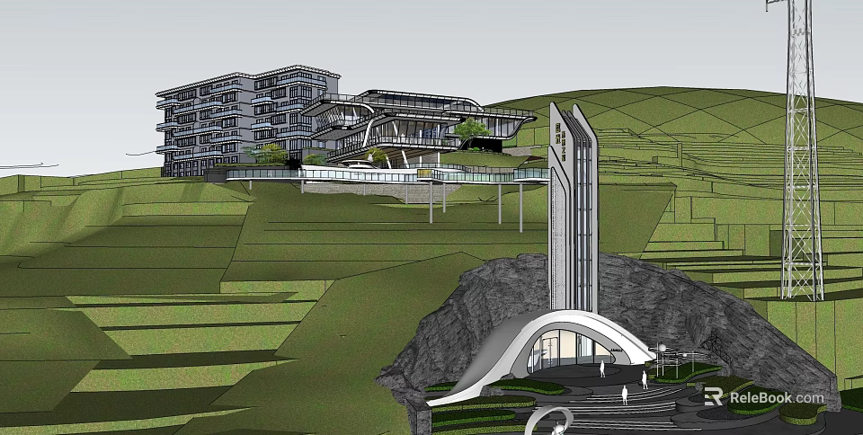 Modern Hillside Building With Terraced Green Landscape Tall Tower And Archway Entrance 3d model 
