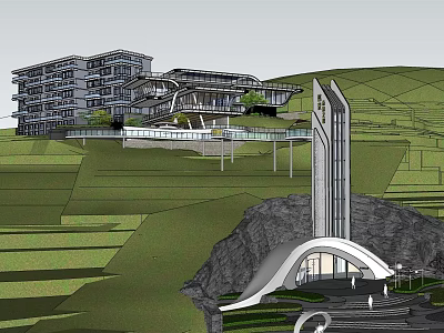 Modern Hillside Building With Terraced Green Landscape Tall Tower And Archway Entrance 3d model