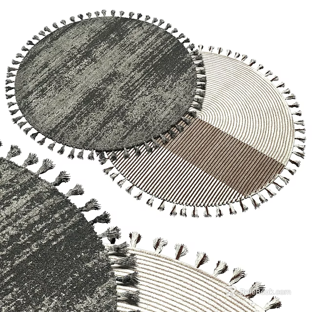 Round Gray White Woven Carpet With Fringe And Striped Pattern Design 3d model 